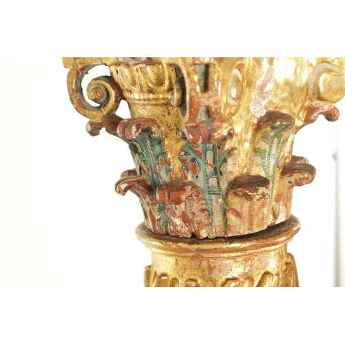 1241 - A PAIR OF EARLY 19TH CENTURY OAK POLYCHROME AND GILT HIGH-LIGHTED CARVED CORINTHIAN COLUMNS with bar... 