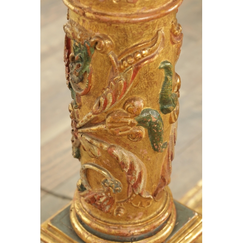 1241 - A PAIR OF EARLY 19TH CENTURY OAK POLYCHROME AND GILT HIGH-LIGHTED CARVED CORINTHIAN COLUMNS with bar... 