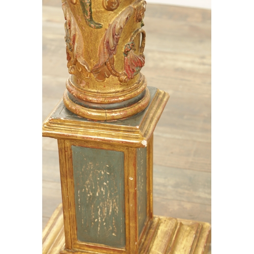 1241 - A PAIR OF EARLY 19TH CENTURY OAK POLYCHROME AND GILT HIGH-LIGHTED CARVED CORINTHIAN COLUMNS with bar... 