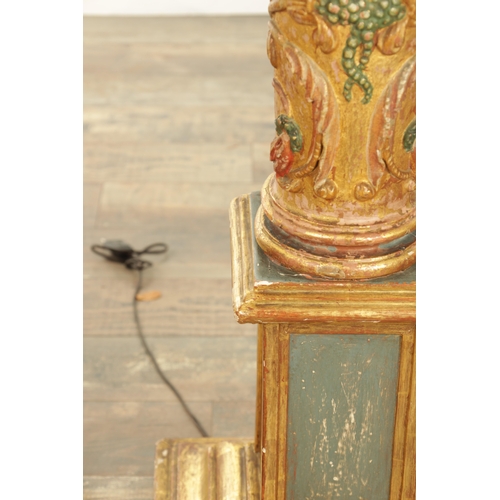 1241 - A PAIR OF EARLY 19TH CENTURY OAK POLYCHROME AND GILT HIGH-LIGHTED CARVED CORINTHIAN COLUMNS with bar... 