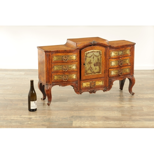 1249 - AN UNUSUAL 18TH CENTURY WALNUT AND PEWTER INLAID ITALIAN TABLE CABINET with raised centre having a h... 