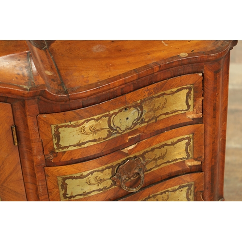 1249 - AN UNUSUAL 18TH CENTURY WALNUT AND PEWTER INLAID ITALIAN TABLE CABINET with raised centre having a h... 