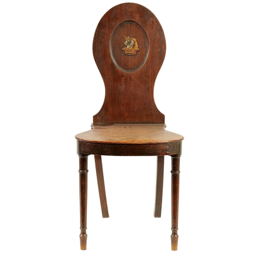 1250 - A GEORGE III MAHOGANY HALL CHAIR with painted crest (92cm high 42cm wide)