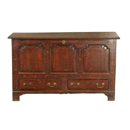 1251 - AN EARLY 18TH CENTURY JOINED OAK MULE CHEST with hinged top and three fielded panels to the front ab... 