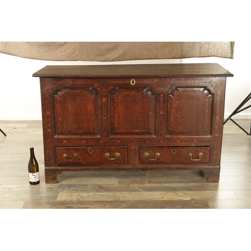 1251 - AN EARLY 18TH CENTURY JOINED OAK MULE CHEST with hinged top and three fielded panels to the front ab... 