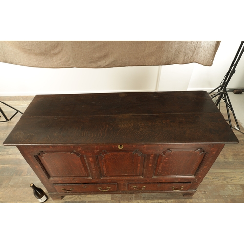 1251 - AN EARLY 18TH CENTURY JOINED OAK MULE CHEST with hinged top and three fielded panels to the front ab... 