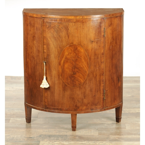 1254 - A GEORGE III DEMI LUNE FIGURED MAHOGANY SIDE CUPBOARD with cross-banded top above a hinged door with... 