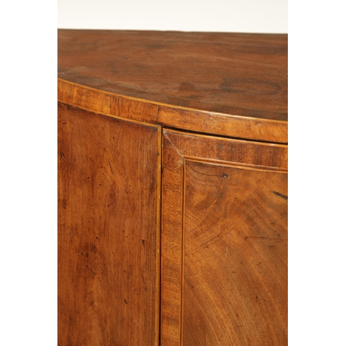 1254 - A GEORGE III DEMI LUNE FIGURED MAHOGANY SIDE CUPBOARD with cross-banded top above a hinged door with... 