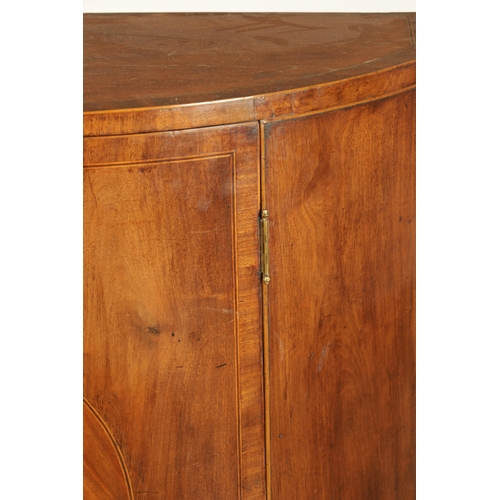 1254 - A GEORGE III DEMI LUNE FIGURED MAHOGANY SIDE CUPBOARD with cross-banded top above a hinged door with... 