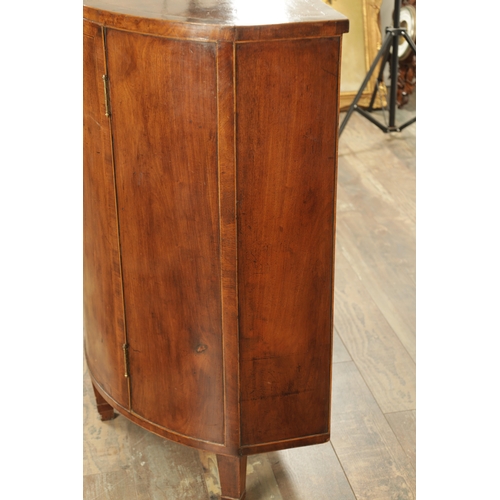 1254 - A GEORGE III DEMI LUNE FIGURED MAHOGANY SIDE CUPBOARD with cross-banded top above a hinged door with... 