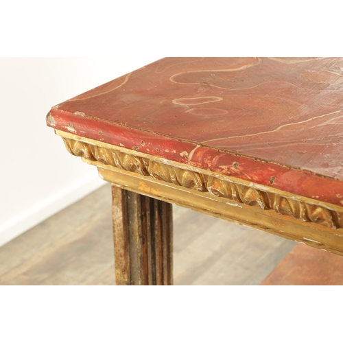 1256 - A STYLISH PAIR OF CARVED GILTWOOD AND SCUMBLED MARBLE CONSOLE TABLES having outset corners raised on... 