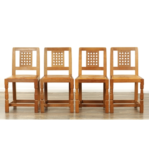 1259 - A SET OF FOUR ROBERT ‘MOUSEMAN’ THOMPSON AZED OAK LATTICE BACK DINING CHAIRS with latticework backs ... 