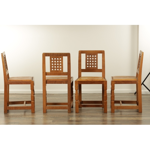 1259 - A SET OF FOUR ROBERT ‘MOUSEMAN’ THOMPSON AZED OAK LATTICE BACK DINING CHAIRS with latticework backs ... 