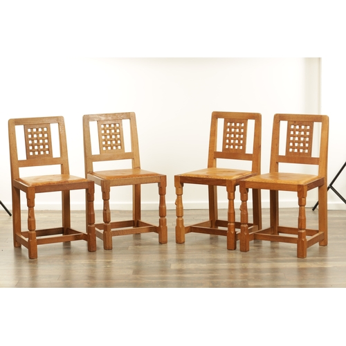 1259 - A SET OF FOUR ROBERT ‘MOUSEMAN’ THOMPSON AZED OAK LATTICE BACK DINING CHAIRS with latticework backs ... 