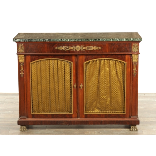 1260 - A 20TH CENTURY FRENCH BIEDERMEIER MAHOGANY AND ORMOLU MOUNTED SIDE CABINET with antico verde marble ... 