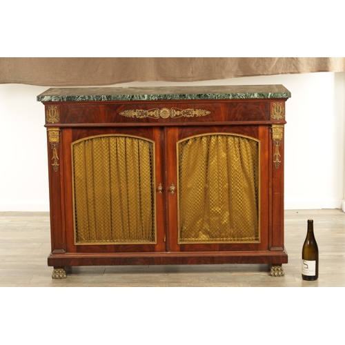 1260 - A 20TH CENTURY FRENCH BIEDERMEIER MAHOGANY AND ORMOLU MOUNTED SIDE CABINET with antico verde marble ... 