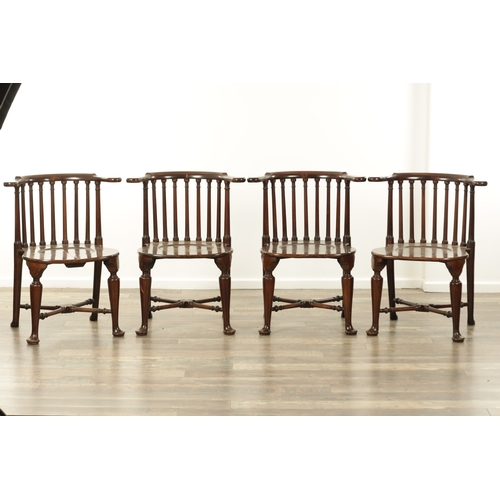 1266 - A FINE SET OF FOUR 19TH CENTURY MAHOGANY SMOKERS BOW ARMCHAIRS with spindle backs, serpentine arms a... 