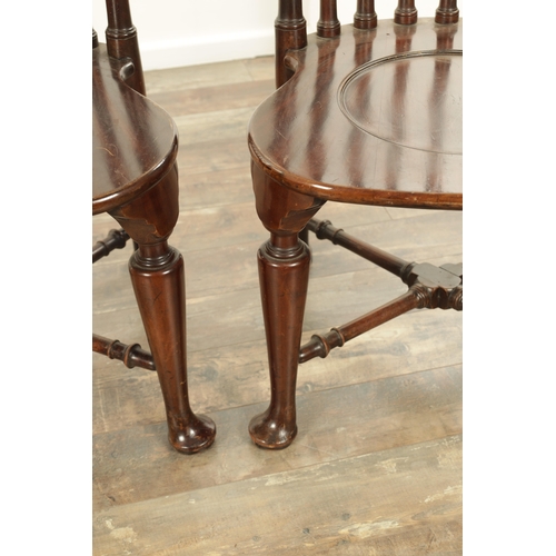 1266 - A FINE SET OF FOUR 19TH CENTURY MAHOGANY SMOKERS BOW ARMCHAIRS with spindle backs, serpentine arms a... 