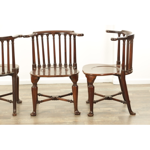 1266 - A FINE SET OF FOUR 19TH CENTURY MAHOGANY SMOKERS BOW ARMCHAIRS with spindle backs, serpentine arms a... 