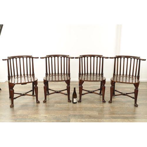 1266 - A FINE SET OF FOUR 19TH CENTURY MAHOGANY SMOKERS BOW ARMCHAIRS with spindle backs, serpentine arms a... 