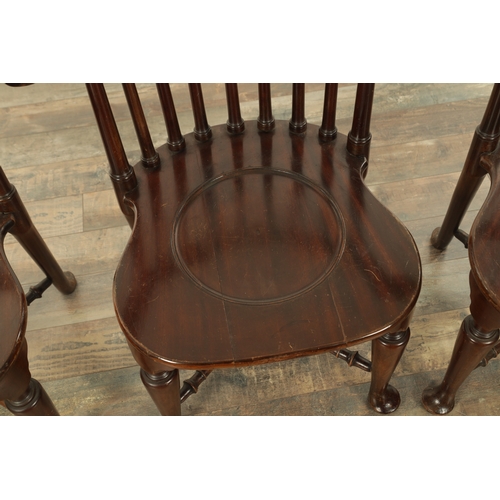 1266 - A FINE SET OF FOUR 19TH CENTURY MAHOGANY SMOKERS BOW ARMCHAIRS with spindle backs, serpentine arms a... 