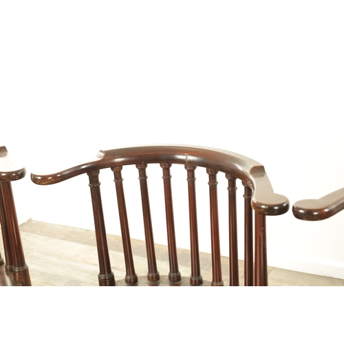 1266 - A FINE SET OF FOUR 19TH CENTURY MAHOGANY SMOKERS BOW ARMCHAIRS with spindle backs, serpentine arms a... 