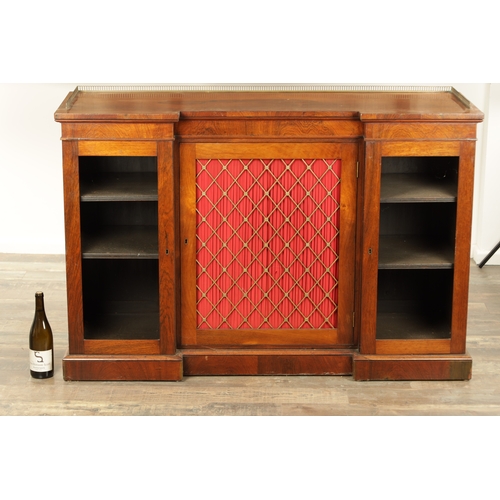 1269 - A LATE REGENCY ROSEWOOD SIDE CABINET with an inverted front having three hinged doors, the centre wi... 