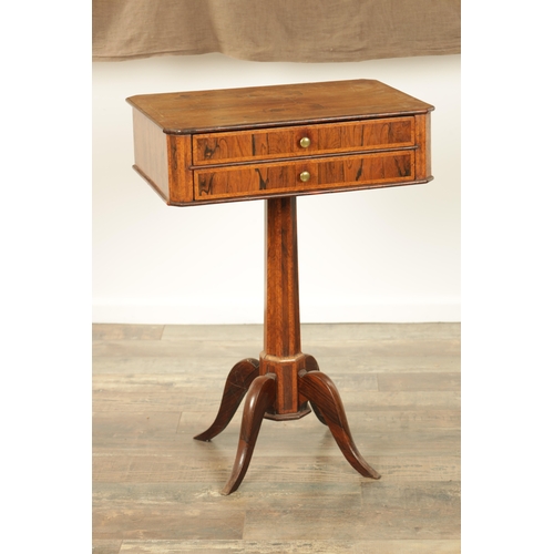 1270 - A REGENCY FIGURED ROSEWOOD SIDE TABLE with two frieze drawers raised on a tapering octagonal stem wi... 