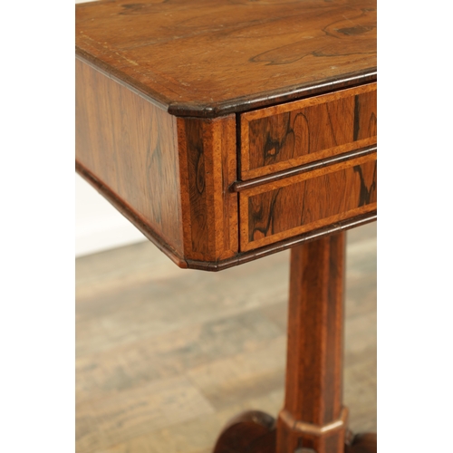 1270 - A REGENCY FIGURED ROSEWOOD SIDE TABLE with two frieze drawers raised on a tapering octagonal stem wi... 