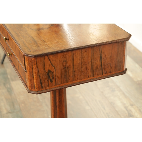 1270 - A REGENCY FIGURED ROSEWOOD SIDE TABLE with two frieze drawers raised on a tapering octagonal stem wi... 