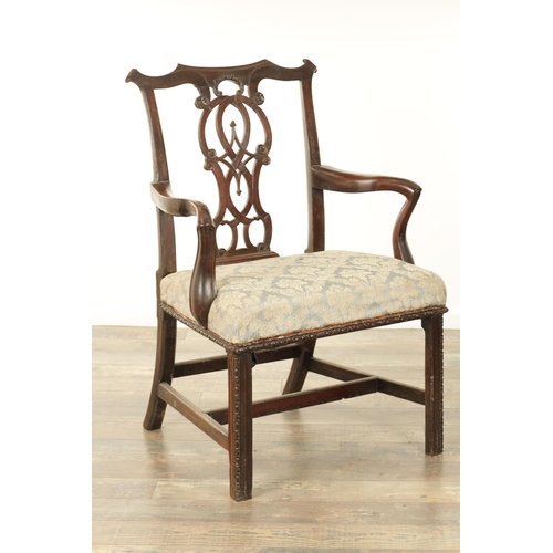 1278 - A GEORGE III MAHOGANY CHIPPENDALE STYLE OPEN ARMCHAIR with leaf-carved pierced back splat with shape... 