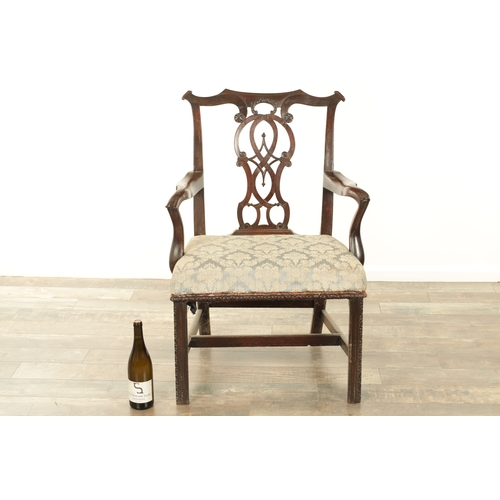 1278 - A GEORGE III MAHOGANY CHIPPENDALE STYLE OPEN ARMCHAIR with leaf-carved pierced back splat with shape... 