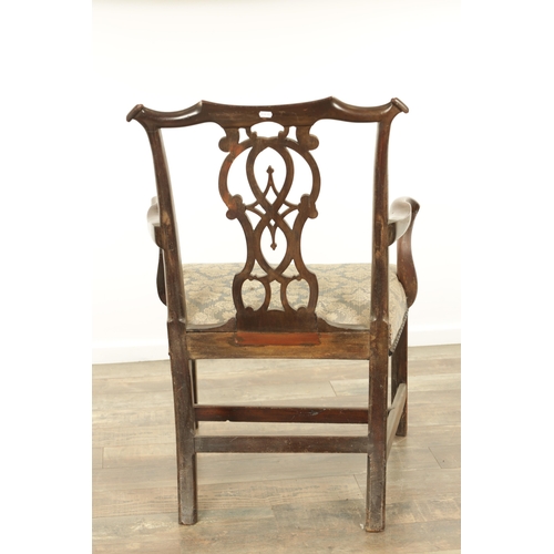 1278 - A GEORGE III MAHOGANY CHIPPENDALE STYLE OPEN ARMCHAIR with leaf-carved pierced back splat with shape... 