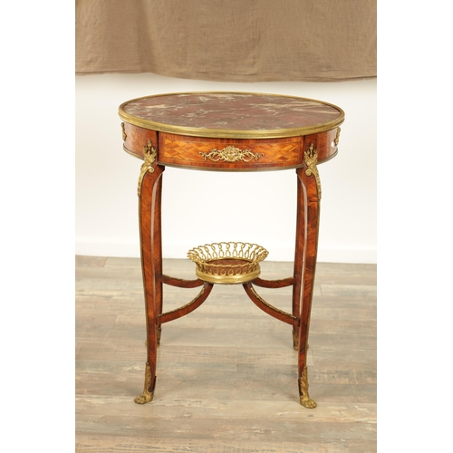 1283 - A FINE 19TH CENTURY LOUIS XVI STYLE FRENCH TULIP AND KINGWOOD MARBLE TOPPED CENTRE TABLE the figured... 