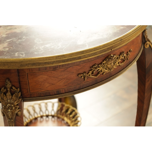 1283 - A FINE 19TH CENTURY LOUIS XVI STYLE FRENCH TULIP AND KINGWOOD MARBLE TOPPED CENTRE TABLE the figured... 