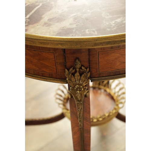 1283 - A FINE 19TH CENTURY LOUIS XVI STYLE FRENCH TULIP AND KINGWOOD MARBLE TOPPED CENTRE TABLE the figured... 