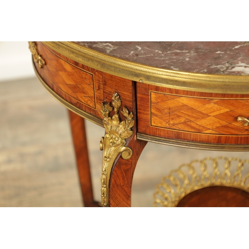 1283 - A FINE 19TH CENTURY LOUIS XVI STYLE FRENCH TULIP AND KINGWOOD MARBLE TOPPED CENTRE TABLE the figured... 