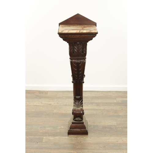 1284 - A 19TH CENTURY CARVED MAHOGANY PEDESTAL with scrolled leaf carved base and marble top (33cm square 1... 