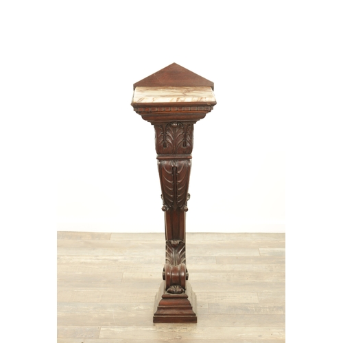 1284 - A 19TH CENTURY CARVED MAHOGANY PEDESTAL with scrolled leaf carved base and marble top (33cm square 1... 