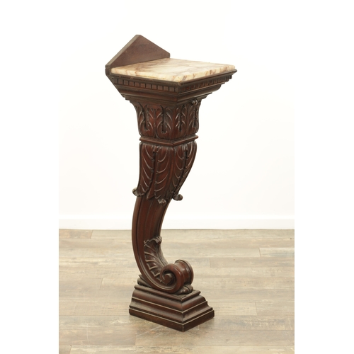 1284 - A 19TH CENTURY CARVED MAHOGANY PEDESTAL with scrolled leaf carved base and marble top (33cm square 1... 