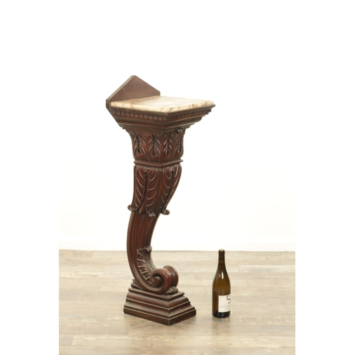 1284 - A 19TH CENTURY CARVED MAHOGANY PEDESTAL with scrolled leaf carved base and marble top (33cm square 1... 