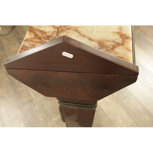 1284 - A 19TH CENTURY CARVED MAHOGANY PEDESTAL with scrolled leaf carved base and marble top (33cm square 1... 