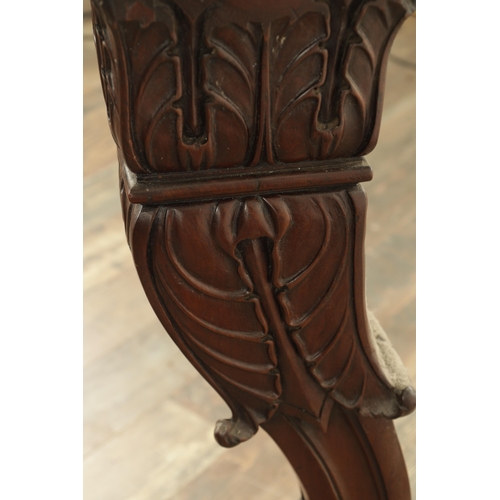 1284 - A 19TH CENTURY CARVED MAHOGANY PEDESTAL with scrolled leaf carved base and marble top (33cm square 1... 