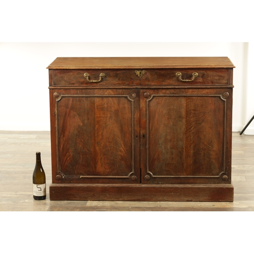 1285 - A GEORGE III MAHOGANY SIDE CABINET with top frieze drawer fitted with rococo style brass swan-neck h... 