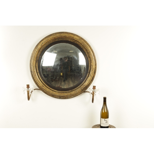 1291 - A LARGE REGENCY CONVEX GILT WOOD HANGING MIRROR with side sconces and reeded moulded surround (73cm ... 