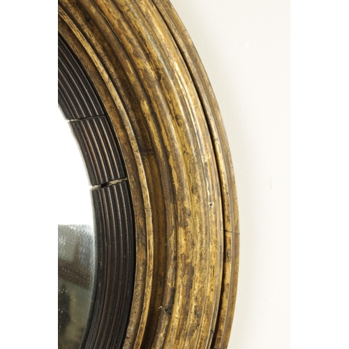 1291 - A LARGE REGENCY CONVEX GILT WOOD HANGING MIRROR with side sconces and reeded moulded surround (73cm ... 