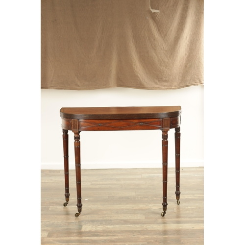 1293 - A GEORGE III BOW FRONTED MAHOGANY TEA TABLE OF HEPPLEWHITE DESIGN with beaded edge designed frieze o... 