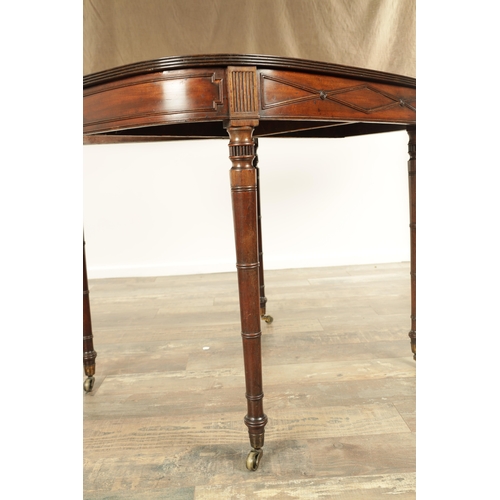 1293 - A GEORGE III BOW FRONTED MAHOGANY TEA TABLE OF HEPPLEWHITE DESIGN with beaded edge designed frieze o... 