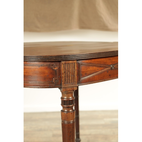 1293 - A GEORGE III BOW FRONTED MAHOGANY TEA TABLE OF HEPPLEWHITE DESIGN with beaded edge designed frieze o... 