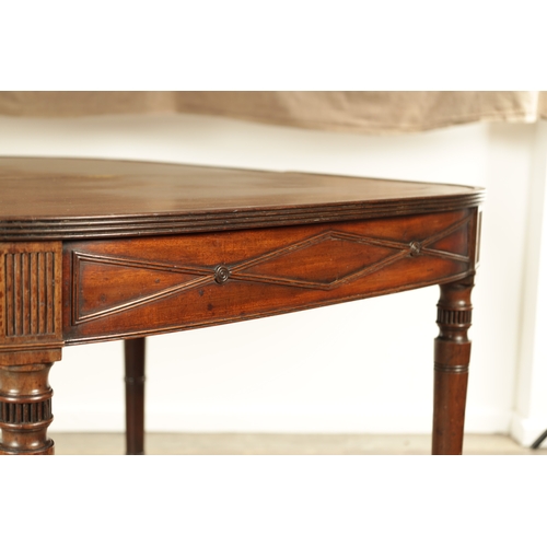 1293 - A GEORGE III BOW FRONTED MAHOGANY TEA TABLE OF HEPPLEWHITE DESIGN with beaded edge designed frieze o... 